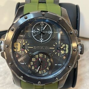 Invicta 4 Time Zone Bolt Style Watch Gunmetal Case Green Silicone Band
